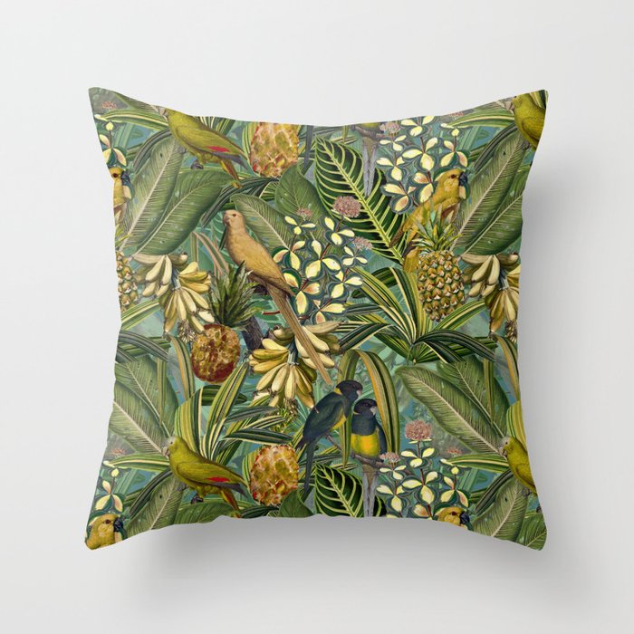 Vintage & Shabby Chic - Green Tropical Bird Flower Garden Throw Pillow