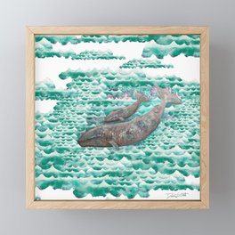 Mama + Baby Gray Whale in Ocean Clouds Framed Mini Art Print