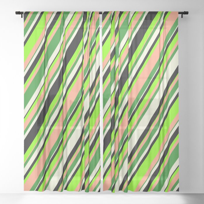 Eyecatching Chartreuse, Light Salmon, Forest Green, Beige & Black Colored Striped/Lined Pattern Sheer Curtain