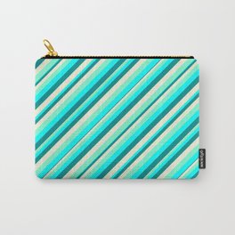 [ Thumbnail: Aquamarine, Cyan, Dark Cyan, and Beige Colored Lined/Striped Pattern Carry-All Pouch ]