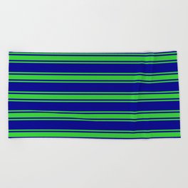 [ Thumbnail: Dark Blue and Lime Green Colored Stripes/Lines Pattern Beach Towel ]