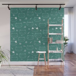 Green Blue and White Doodle Kitten Faces Pattern Wall Mural