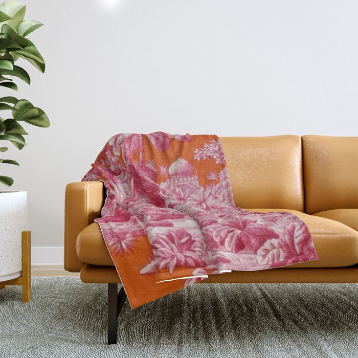 Toile de Jouy - pink and orange Throw Blanket