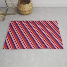 [ Thumbnail: Light Coral, Midnight Blue, and Red Colored Stripes/Lines Pattern Rug ]