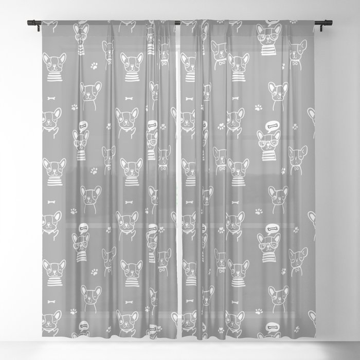 Grey and White Hand Drawn Dog Puppy Pattern Sheer Curtain