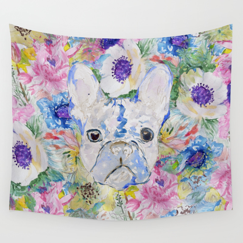 Abstract French Bulldog Floral Watercolor Paint Wall Tapestry By