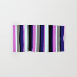 [ Thumbnail: Eye-catching Midnight Blue, Orchid, Light Cyan, Gray, and Black Colored Stripes/Lines Pattern Hand & Bath Towel ]