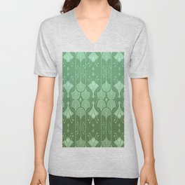 Art Deco Botanical Leaf Shapes Green Gradient V Neck T Shirt