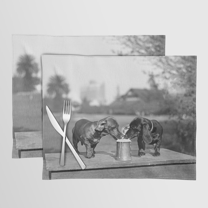 Two dogs and a beer; Dachshund siblings sharing a stein of beer on hot summer day funny humorous animal portrait photograph - photography - photographs Placemat