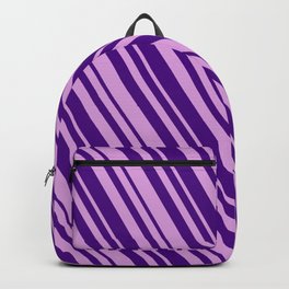 [ Thumbnail: Plum and Indigo Colored Lines/Stripes Pattern Backpack ]