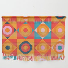 GEOMETRIC CIRCLE CHECKERBOARD TILES in SOUTHWESTERN DESERT COLORS CORAL ORANGE PINK TEAL BLUE Wall Hanging