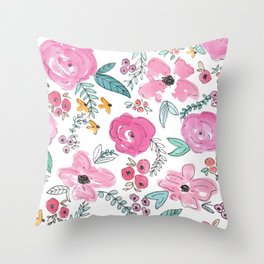 Pink Watercolor Floral Print  Throw Pillow