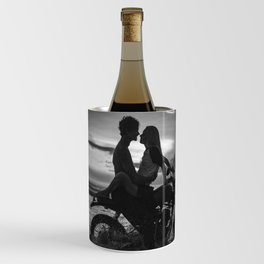 The motorcyclists; lovers at sunset on vintage motorcycle coastal beach romantic portrait black and white photograph - photography - photographs by Yuliya Kirayonak Wine Chiller