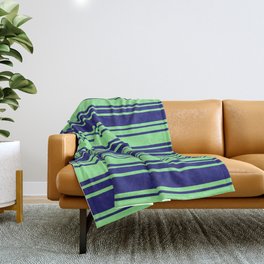 [ Thumbnail: Midnight Blue and Light Green Colored Striped/Lined Pattern Throw Blanket ]