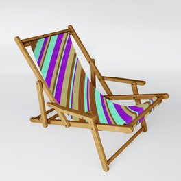 [ Thumbnail: Aquamarine, Dark Violet, Dark Khaki, and Brown Colored Stripes/Lines Pattern Sling Chair ]