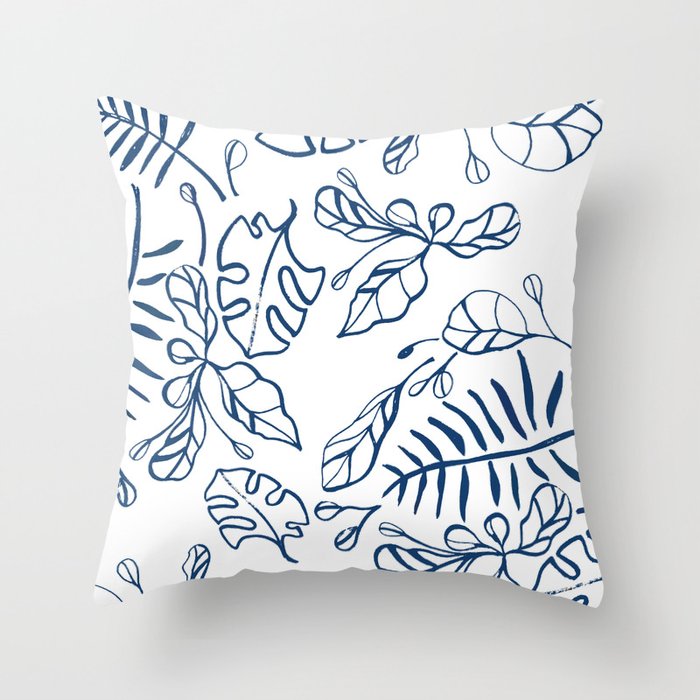 Tropical Plant Boho Chinoiserie Blue and White Throw Pillow