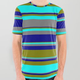 [ Thumbnail: Green, Cyan, Grey, and Dark Blue Colored Striped Pattern All Over Graphic Tee ]