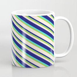[ Thumbnail: Green, Beige, Midnight Blue & Turquoise Colored Lined/Striped Pattern Coffee Mug ]