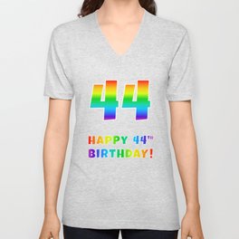 [ Thumbnail: HAPPY 44TH BIRTHDAY - Multicolored Rainbow Spectrum Gradient V Neck T Shirt V-Neck T-Shirt ]