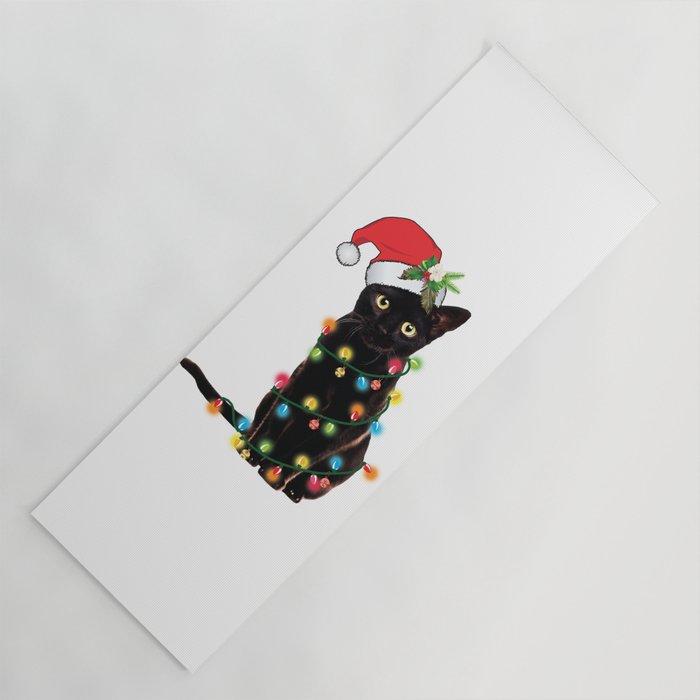 Santa Black Cat Tangled Up In Lights Christmas Santa Graphic Yoga Mat
