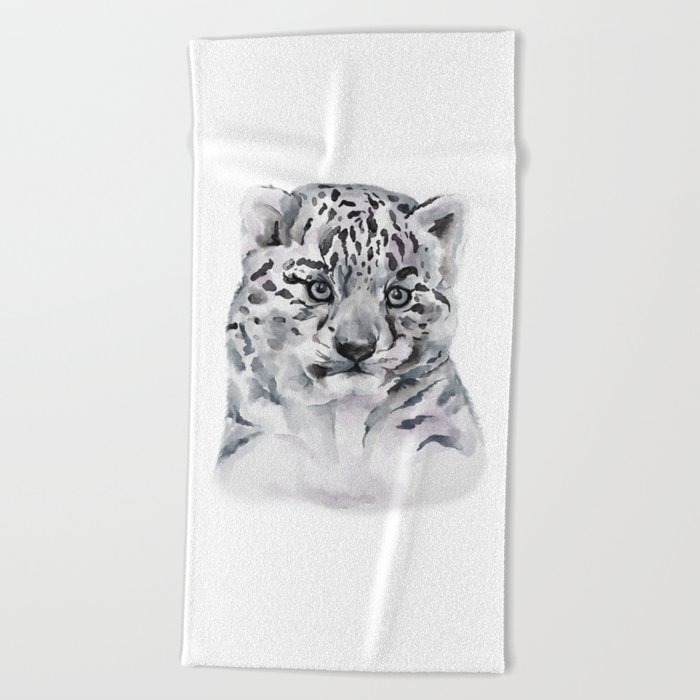 Baby Snow Leopard Watercolor Animal Beach Towel