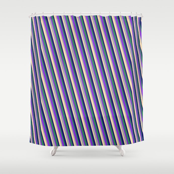 Vibrant Sea Green, Purple, Dark Grey, Tan, and Midnight Blue Colored Pattern of Stripes Shower Curtain