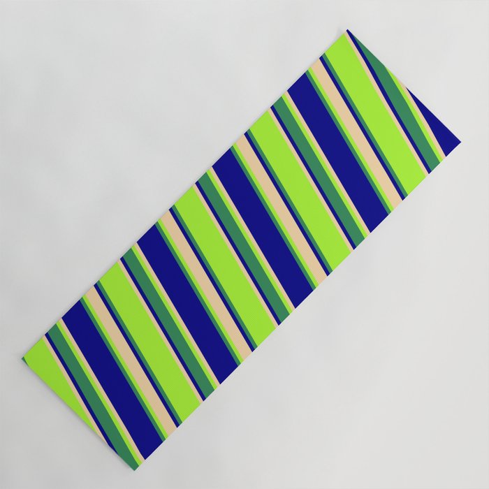 Light Green, Tan, Dark Blue & Sea Green Colored Striped Pattern Yoga Mat