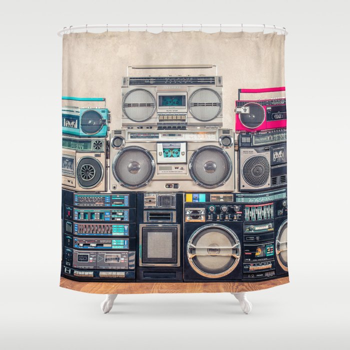 Retro old school design ghetto blaster stereo radio cassette tape recorders boombox tower from circa 1980s front concrete wall background. Vintage style filtered photo Shower Curtain