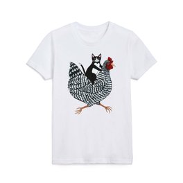 Tuxedo Cat Riding a Chicken Kids T Shirt