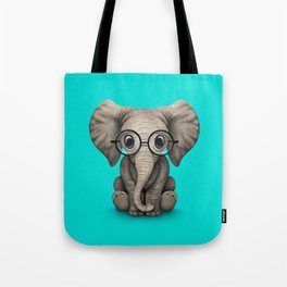 Cute Baby Elephant Calf with Reading Glasses on Blue Tote Bag