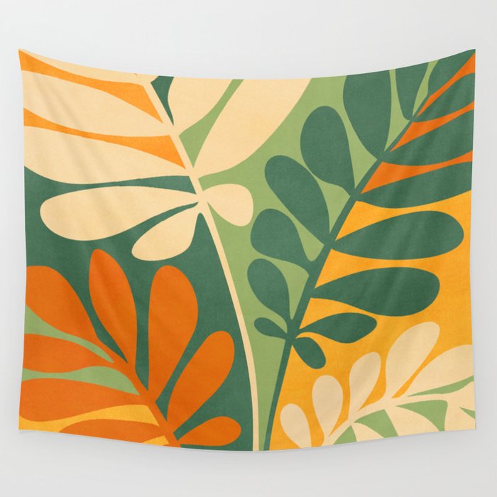 Retro Earthy Floral in Green and Orange Wall Tapestry