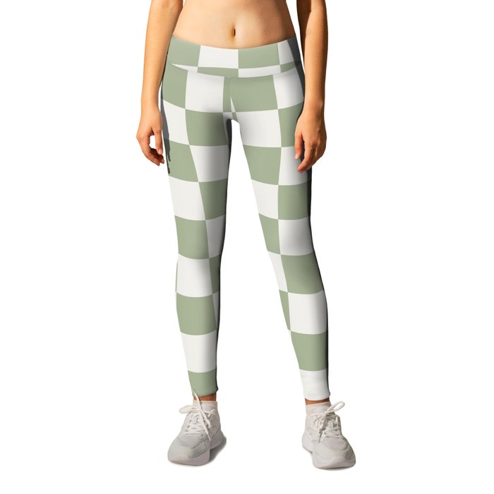 Checkerboard Check Checkered Pattern in Sage Green and Off White Leggings