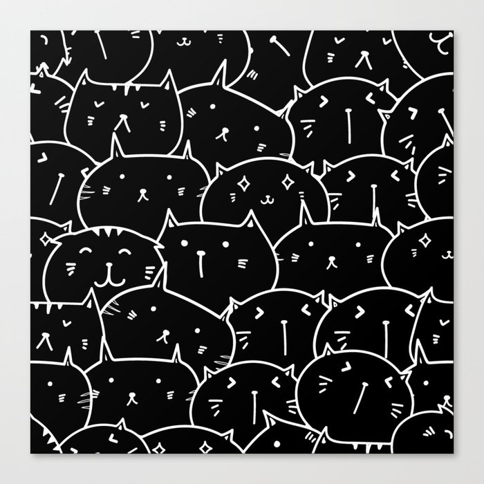 Funny Meme Faces Cats Pattern Black Canvas Print