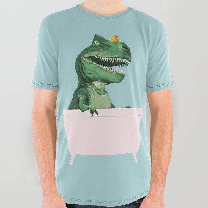 Playful T-Rex in Bathtub in Green All Over Graphic Tee