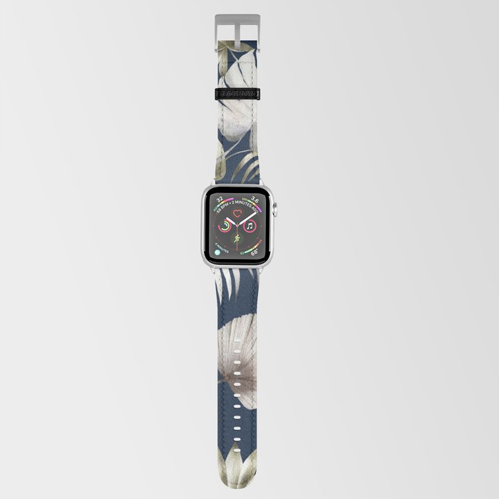 Elegant Tropical Leaves on Navy Blue Apple Watch Band