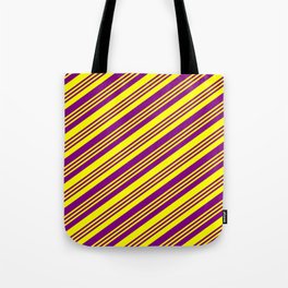 [ Thumbnail: Purple and Yellow Colored Lined Pattern Tote Bag ]