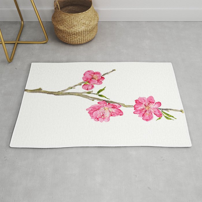 pink peach flower blossoms watercolor Rug