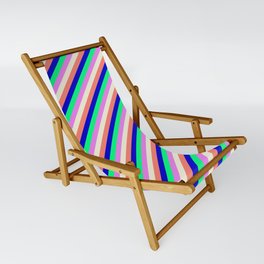 [ Thumbnail: Eyecatching Salmon, Blue, Green, Violet & Beige Colored Lines Pattern Sling Chair ]