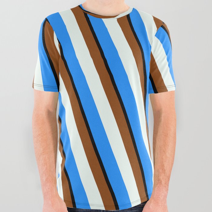 Brown, Mint Cream, Blue, and Black Colored Pattern of Stripes All Over Graphic Tee