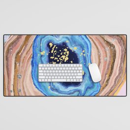 Turquoise Marble Agate With Blue And Gold Glitter  Desk Mat