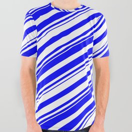 [ Thumbnail: Blue & White Colored Lines/Stripes Pattern All Over Graphic Tee ]