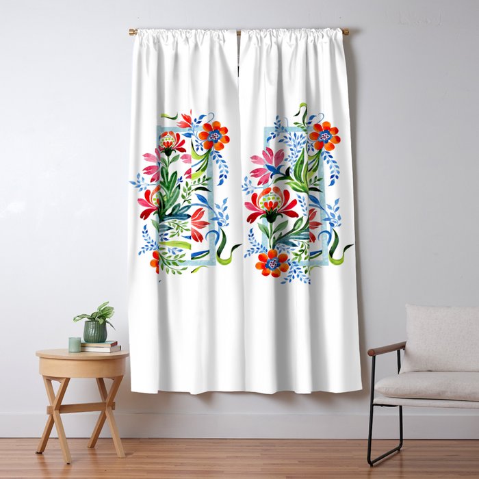 Watercolor Garden Folk Floral In Vintage Style Blackout Curtain By