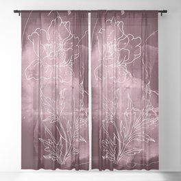 Dark Pink Watercolor Floral Outline Design Sheer Curtain