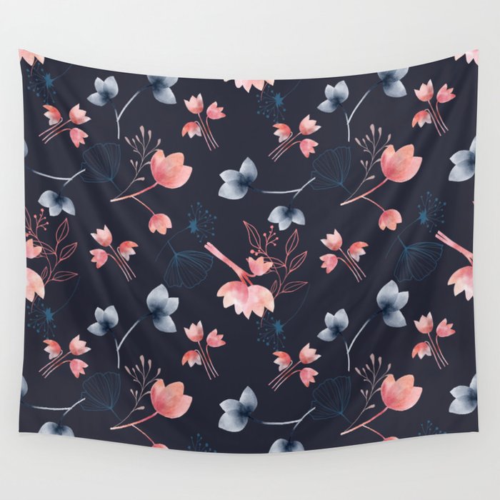 Navy Blue Floral Watercolor Pattern Wall Tapestry