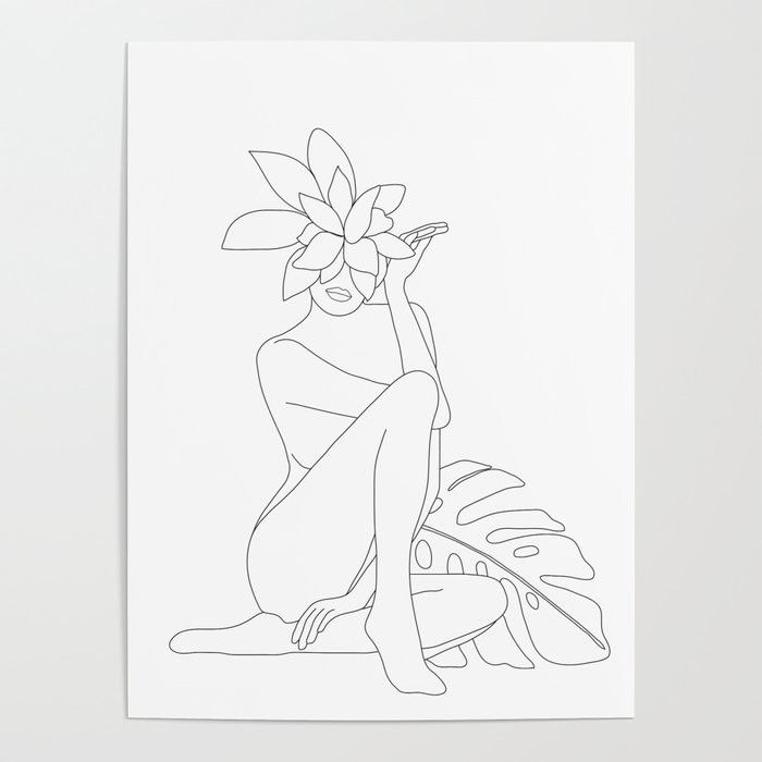 Minimal Line Art Woman with Tropical Leaves Poster