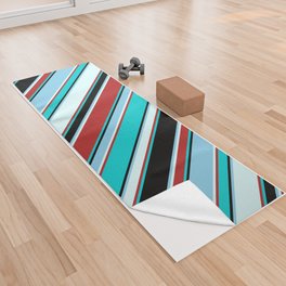 [ Thumbnail: Colorful Black, Dark Turquoise, Red, Light Cyan, and Sky Blue Colored Pattern of Stripes Yoga Towel ]