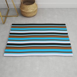 [ Thumbnail: Brown, Deep Sky Blue, Lavender, and Black Colored Pattern of Stripes Rug ]