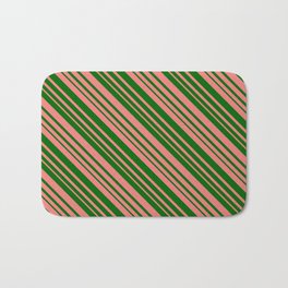 [ Thumbnail: Dark Green & Light Coral Colored Lined/Striped Pattern Bath Mat ]