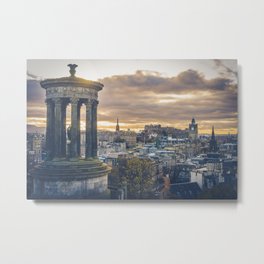 Edinburgh city and castle from Calton hill and Stewart monument Metal Print