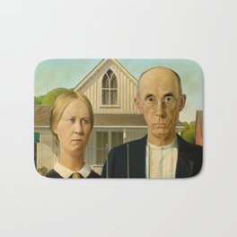 American Gothic, 1930 by Grant Wood Bath Mat | Painting, Dungarees, Countryside, Rustic, Iowa, Farmhouse, Regionalism, Ranch, Usa, Pitchfork 